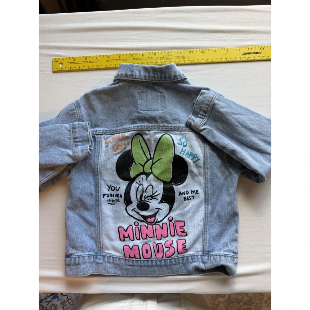 Zara Kids Disney Minnie Mouse Graffiti Denim Jacket Light Wash Girls Sz 5-6 Euc